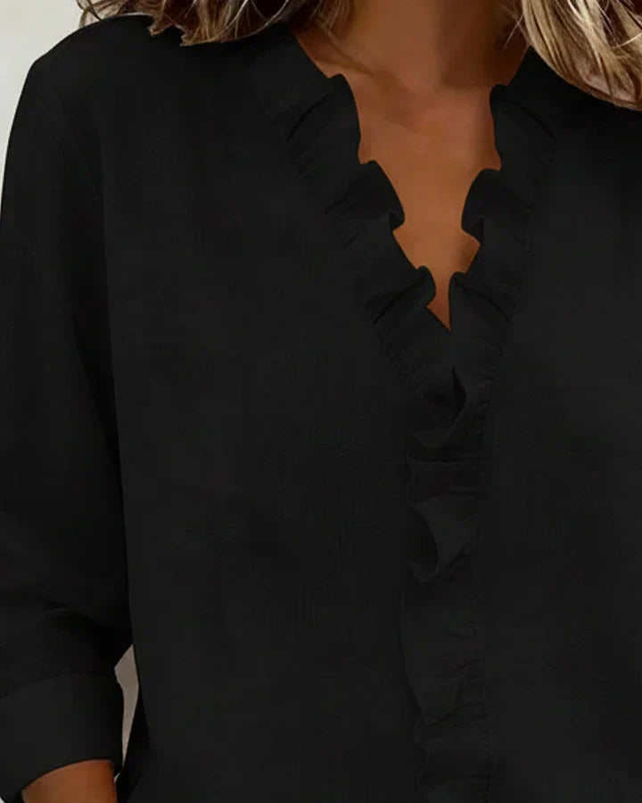 Bluse mit Rüschen und V-Ausschnitt, langärmlig