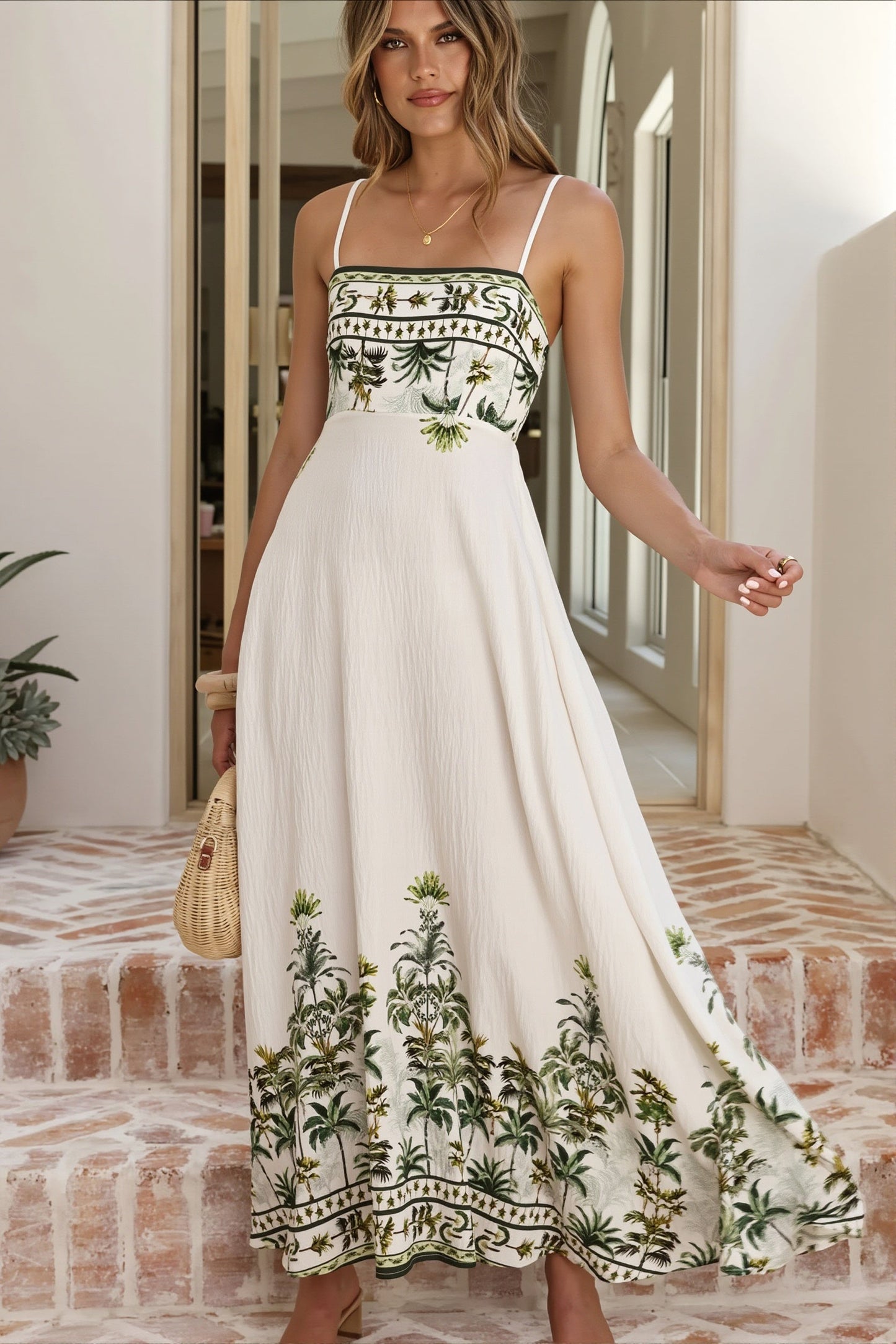 Damen-Maxikleid mit Blumenprint in ganzer Länge auf hellem Hintergrund