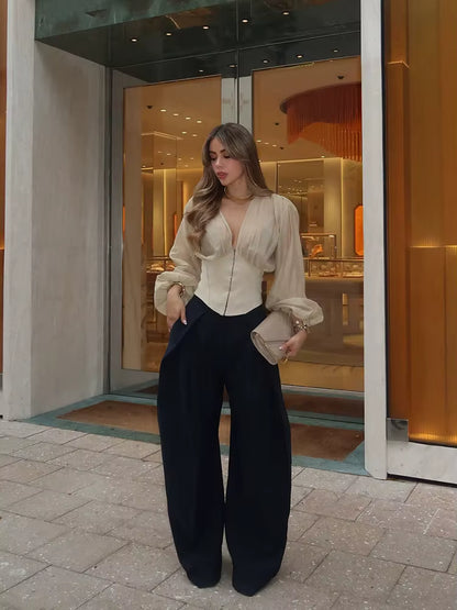 Women's corsage blouse with puff sleeves and gathered shoulder in sand