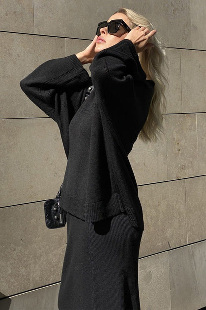 Damen Strickset Mit V Ausschnitt Und Midirock