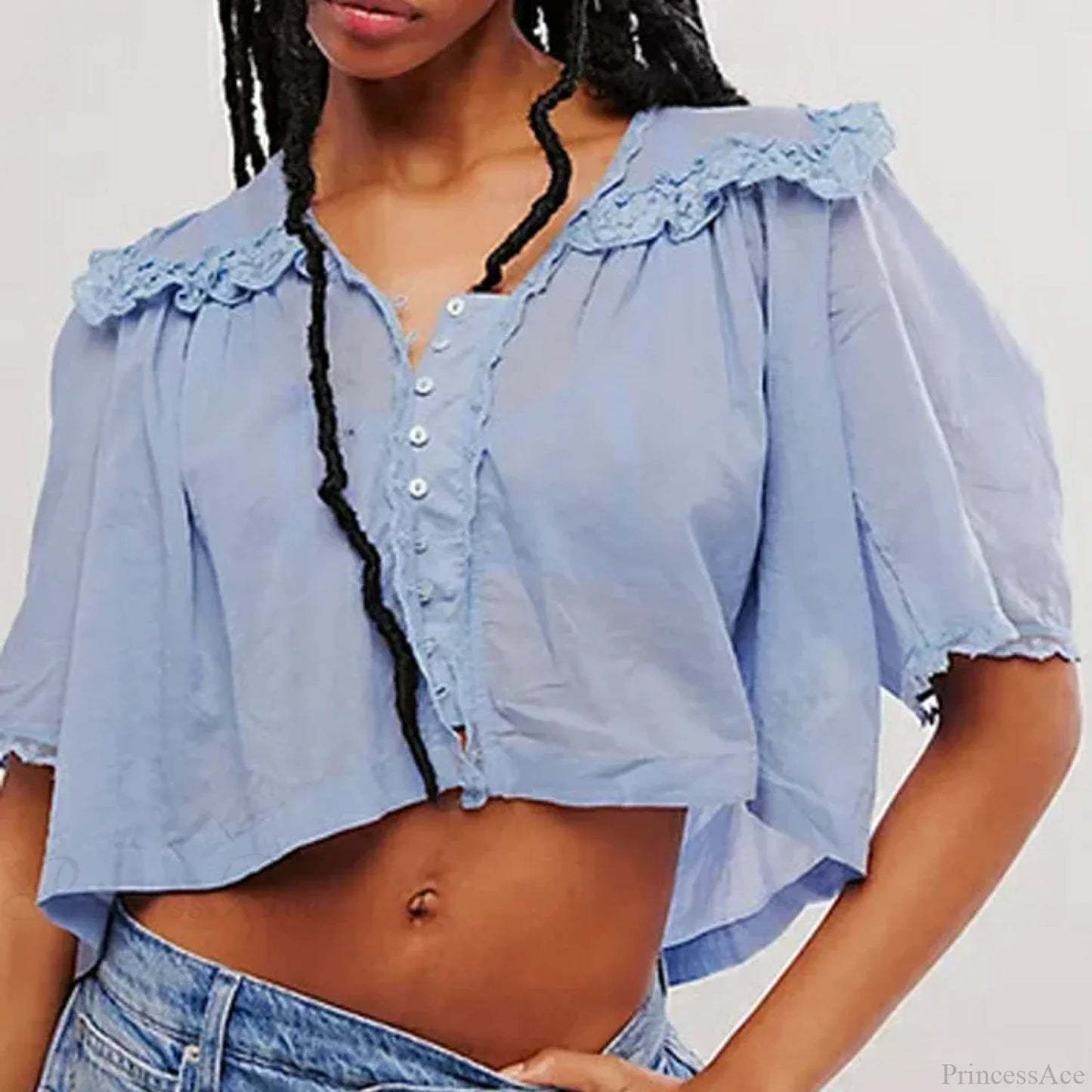 Women's Chiffon Ruffle Lace Trim Low Cut Blouse