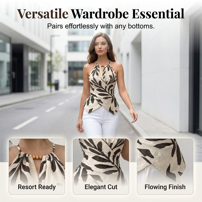 Damen Oberteil mit Neckholder und Print seitlich gezeigt