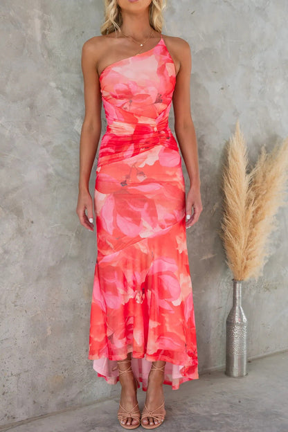 Langes Damenkleid mit Blumenmuster und asymmetrischer Schulterpartie