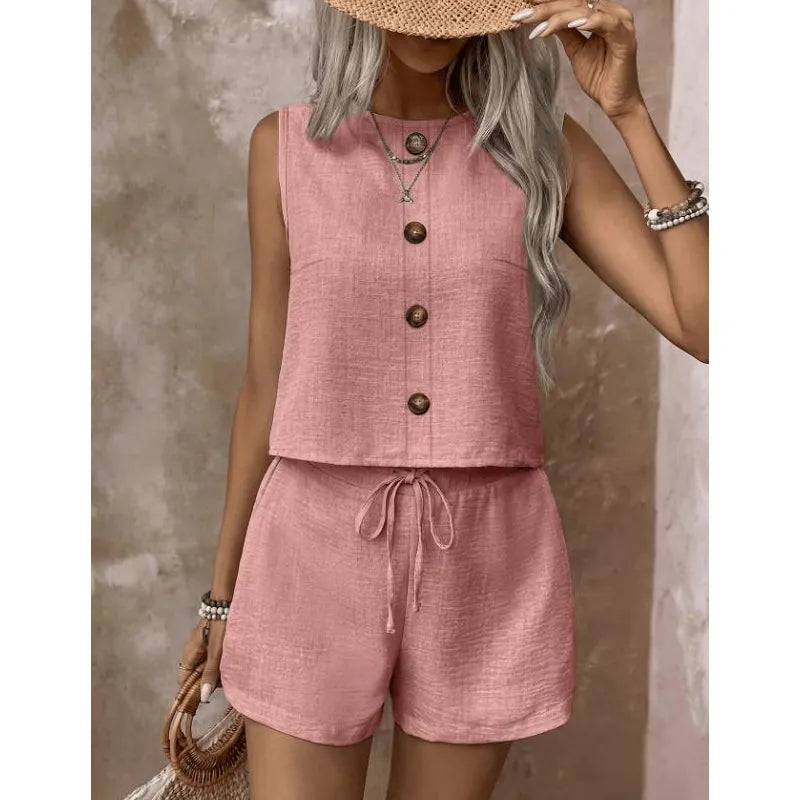 Damen Sommer Set Ärmellos Mit Knopfleiste