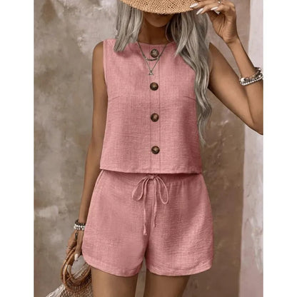 Damen Sommer Set Ärmellos Mit Knopfleiste
