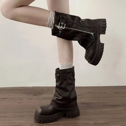 Women's Biker Boots Platform Flat Buckle Ankle Boots