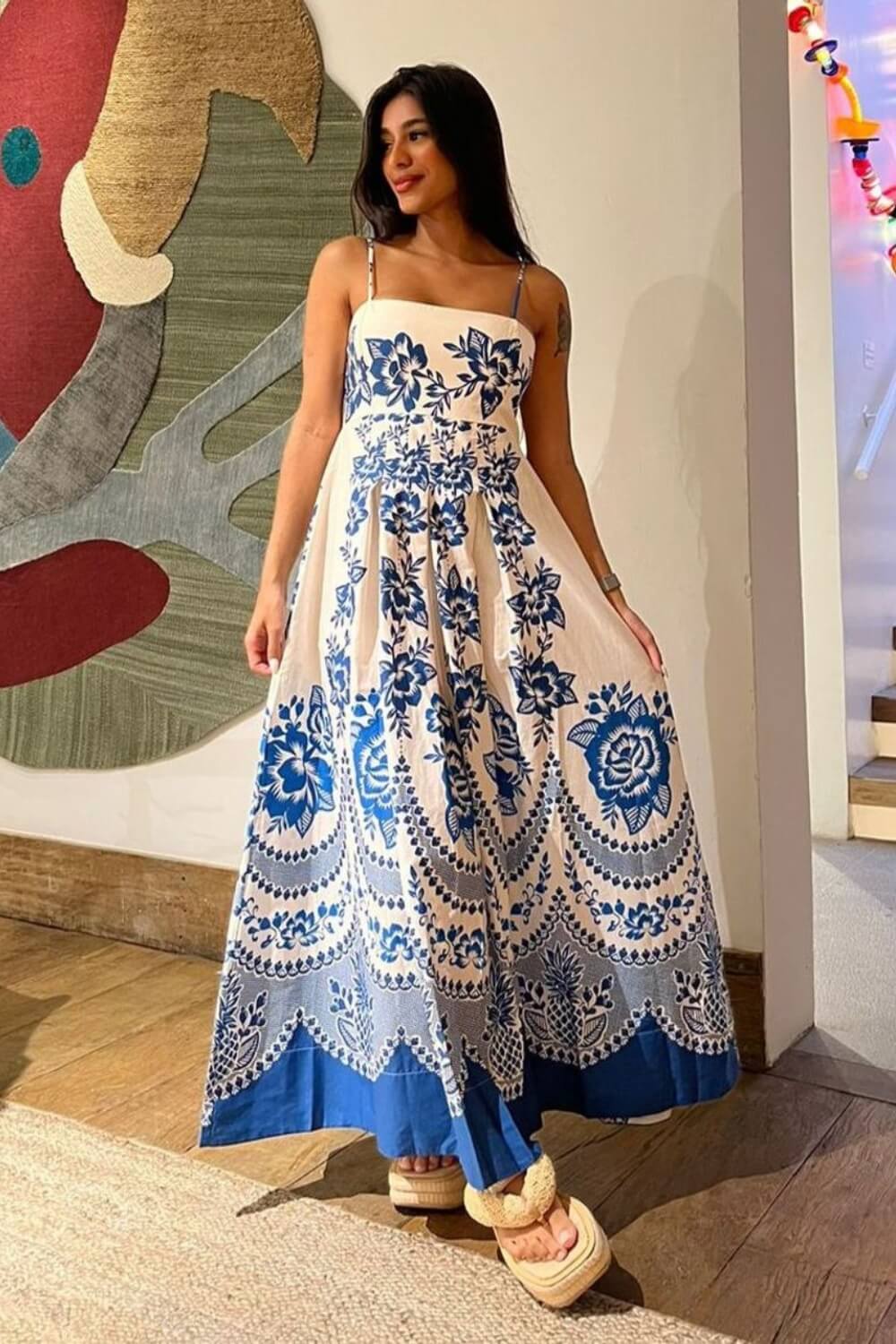 Polyester Spaghetti-Träger Midikleid Blau