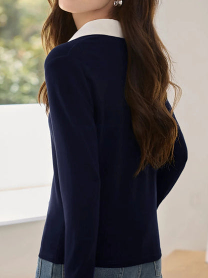 Damen Strick Langarm Polohemd Marineblau mit Kontrastkragen