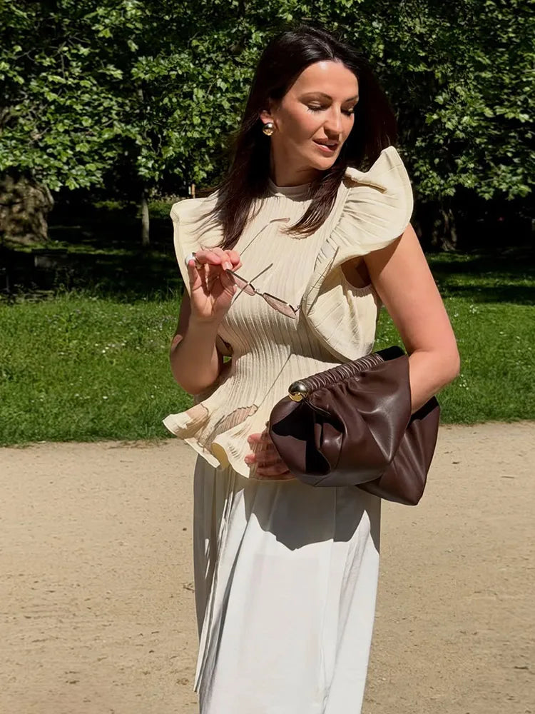 Ärmellose Bluse mit Volant-Saum, eng anliegend, einfarbig für Damen