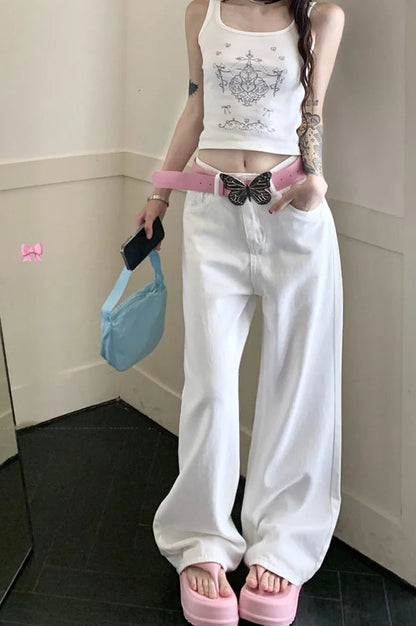 Rosa Wide Leg Jeans für Damen mit gesticktem Schleifenmuster