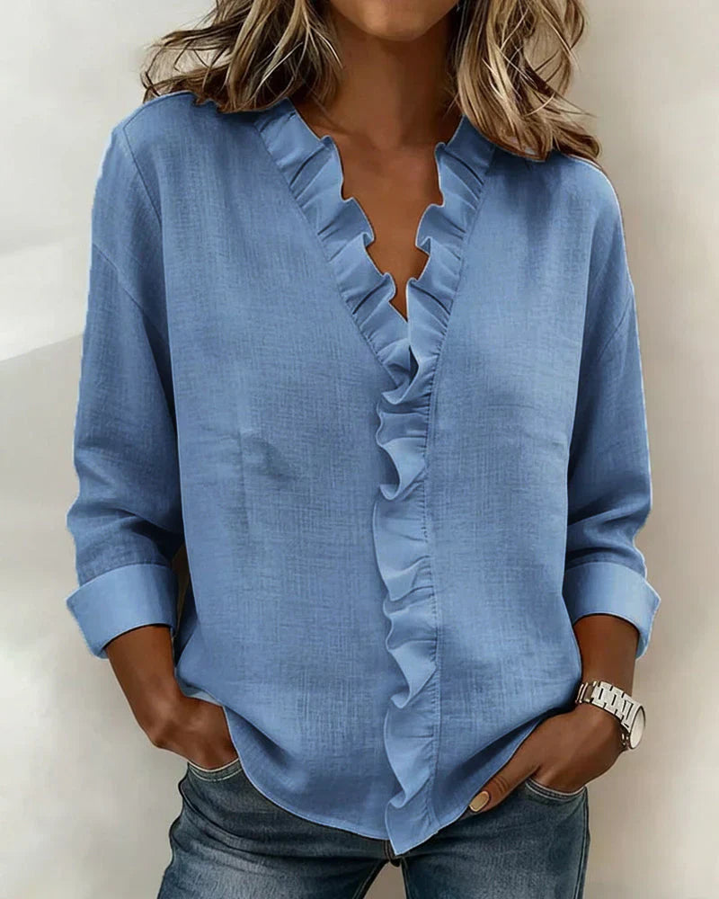 Bluse mit Rüschen und V-Ausschnitt, langärmlig