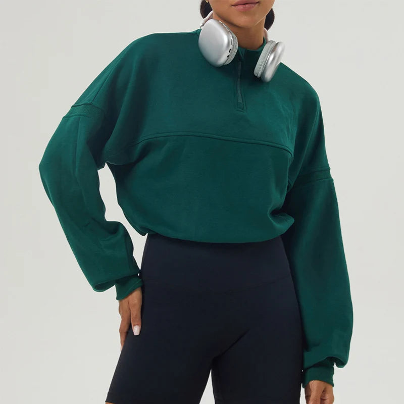 Damen Oversized Sweatshirt aus Baumwollmischung mit halbem Reißverschluss