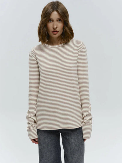 Damen Baumwolle Langarm gestreiftes T-Shirt