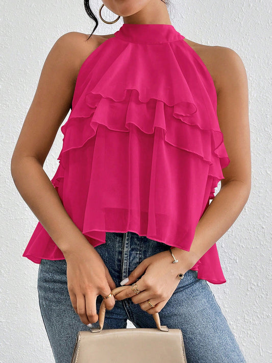 Damen Neckholder-Tanktop aus Chiffon mit Volants in Vorderansicht