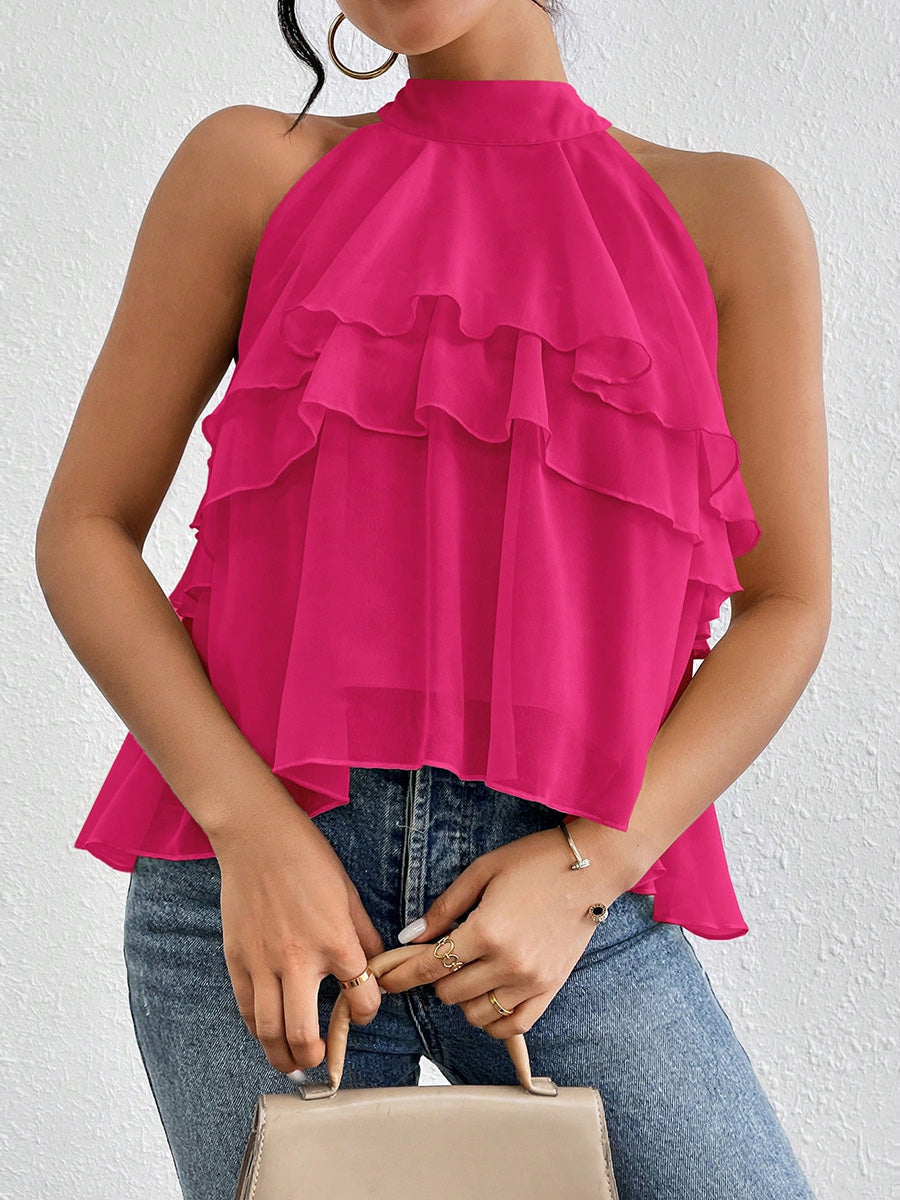Damen Neckholder Tanktop Aus Chiffon Mit Volants