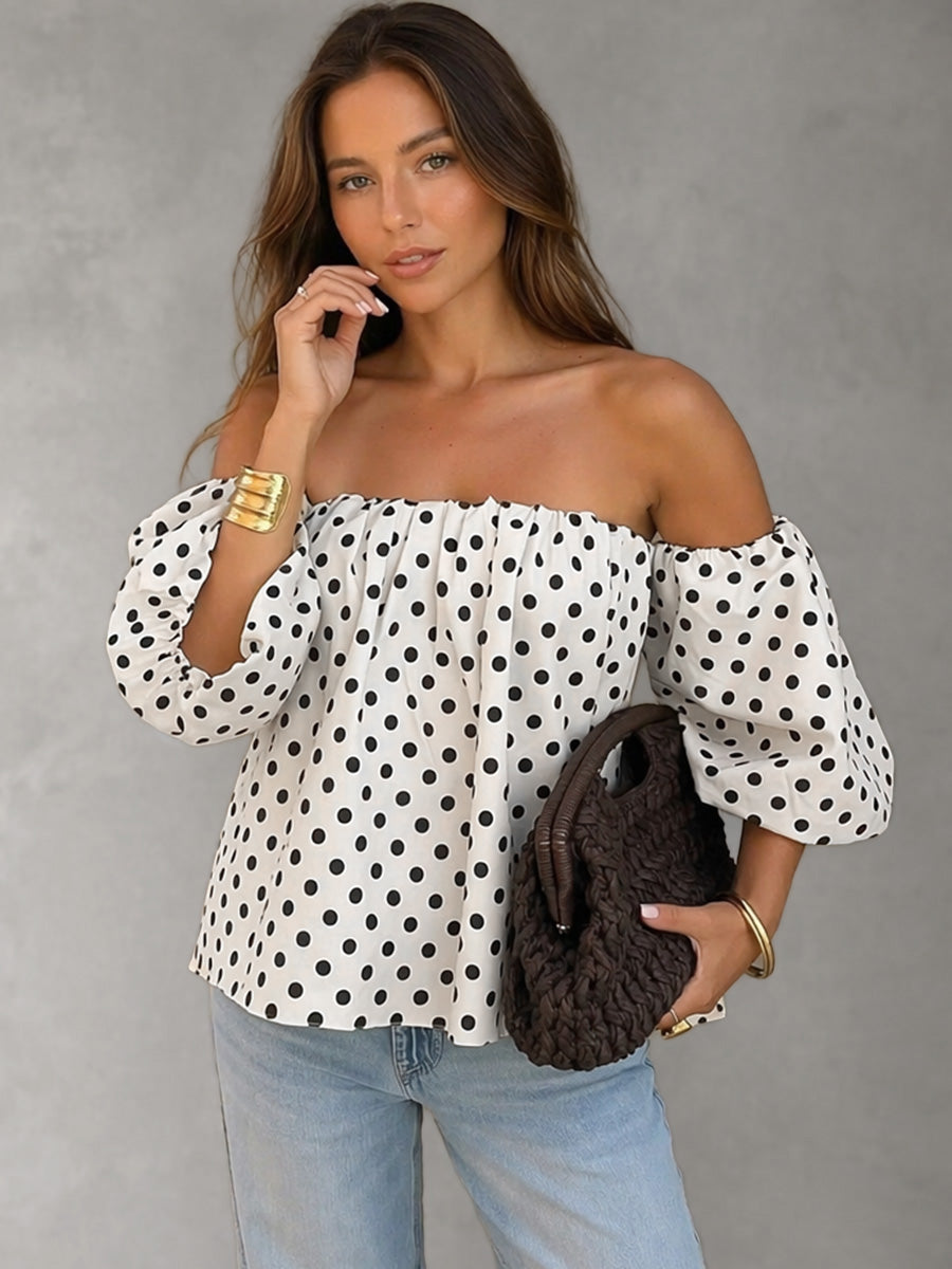 Weiße Off-Shoulder Damenbluse mit Tupfen und elastischem Ausschnitt