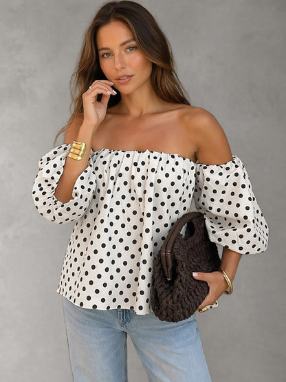 Weiße Off-Shoulder Damenbluse mit Tupfen und elastischem Ausschnitt