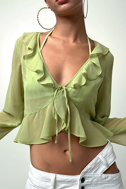 Damen Crop Bluse Transparent Mit Rüschen Und V Ausschnitt