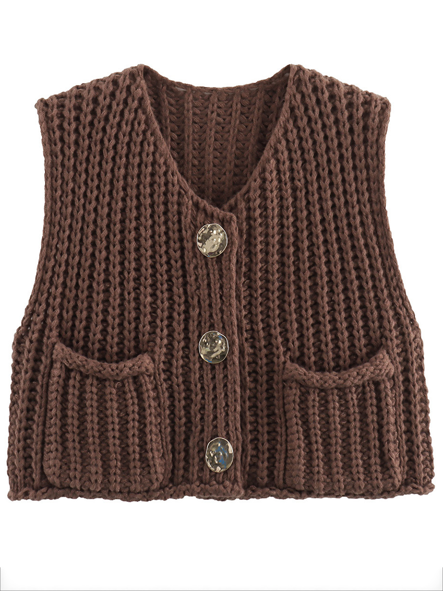 Damen Strickweste Ärmellos Mit Knopfleiste Und Taschen
