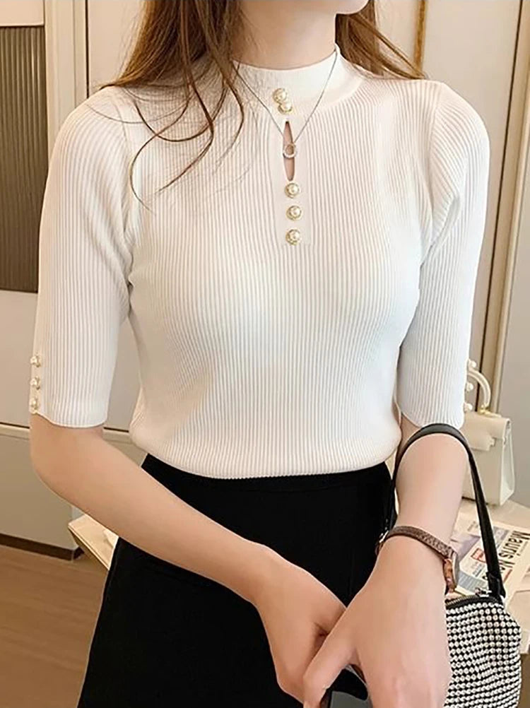 Damen Eng Geschnittener Strickpullover mit Kurzarm