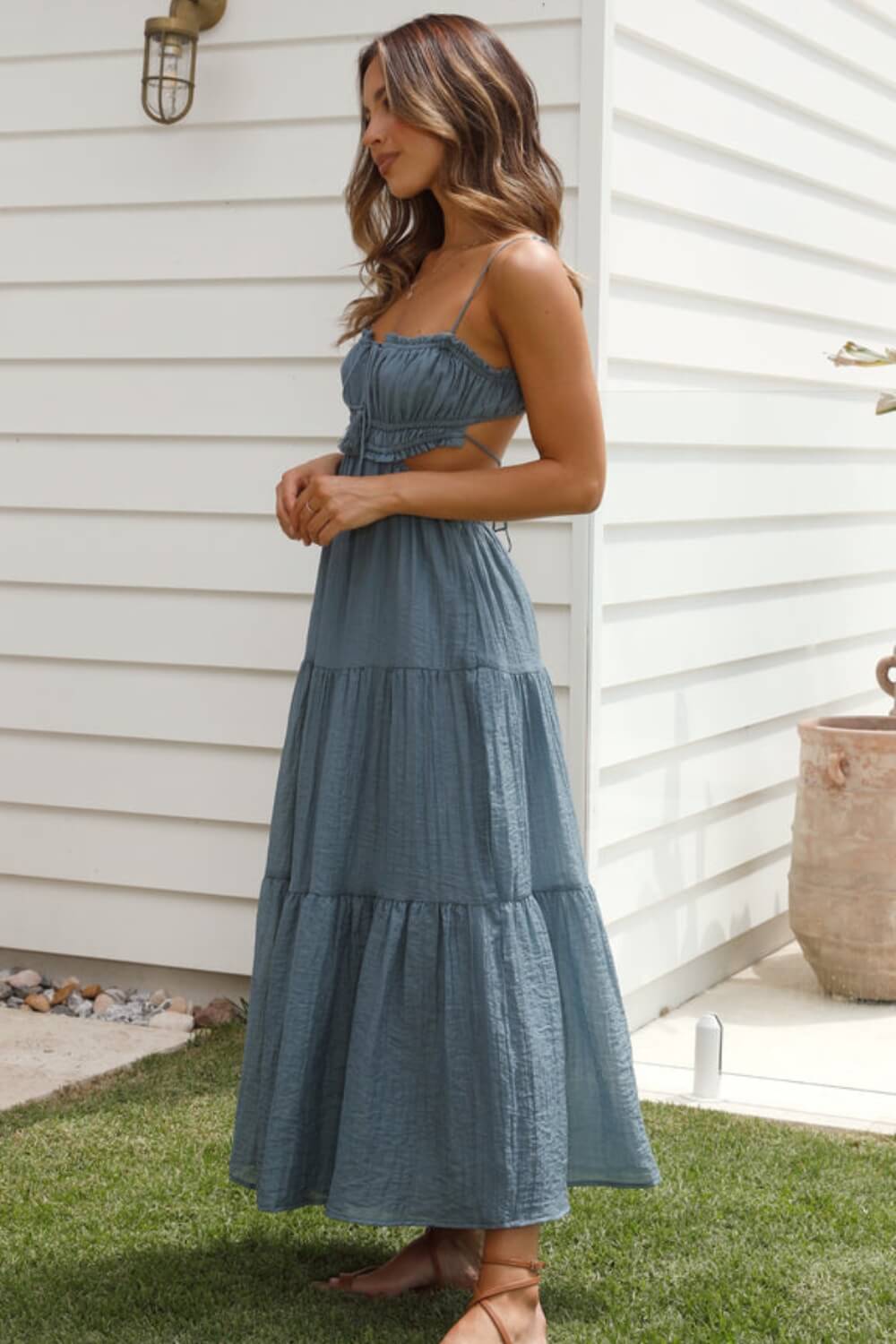 Chiffon-Baumwollmischung verstellbares Träger-Midikleid