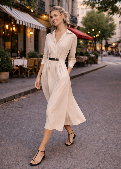 Midi-Kleid aus Baumwollmischung in Beige