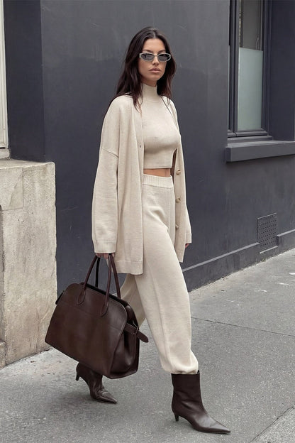 Damen Strick Zweiteiler Mit Cardigan Und Weiter Hose
