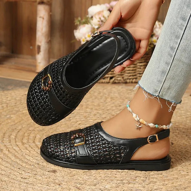 Damen Flache Gewebte Sandalen Mit Fersenriemen