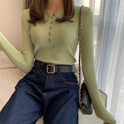 Damen Figurbetonter Gestreifter Strickpullover mit Knöpfen und Rundhalsausschnitt