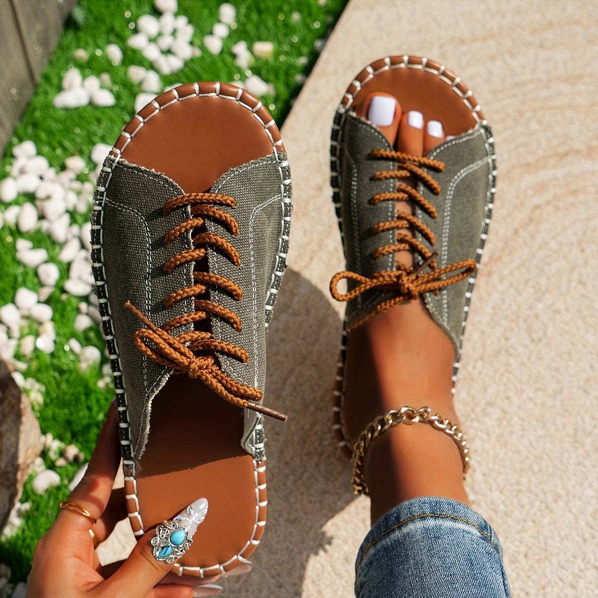 Damen Riemchensandalen Mit Schnürung Im Vintage Stil