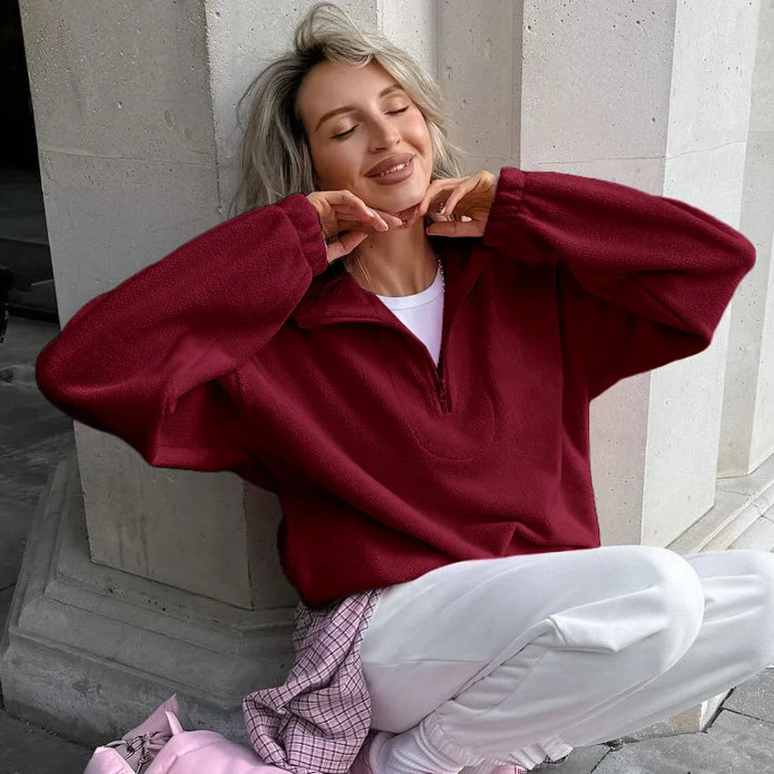 Damen-Fleece-Sweatshirt mit Reißverschluss, Stehkragen, lockerem Schnitt