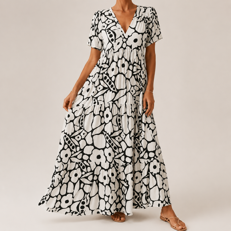 Atmungsaktives Maxikleid mit Blumenmuster und Stufenrock