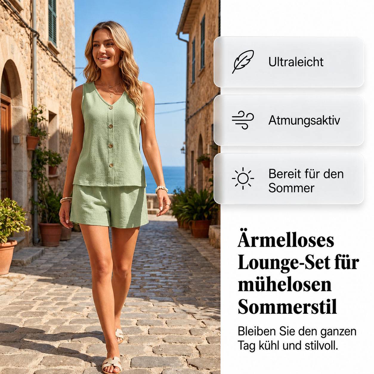 Zweiteiliges Set mit Knopfleiste aus gekrepptem Stoff