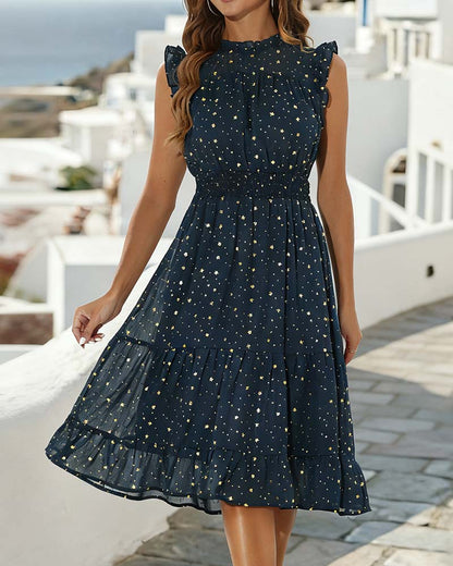 Damen knielanges A-Linien-Kleid ärmellos mit Rüschen vorne fotografiert
