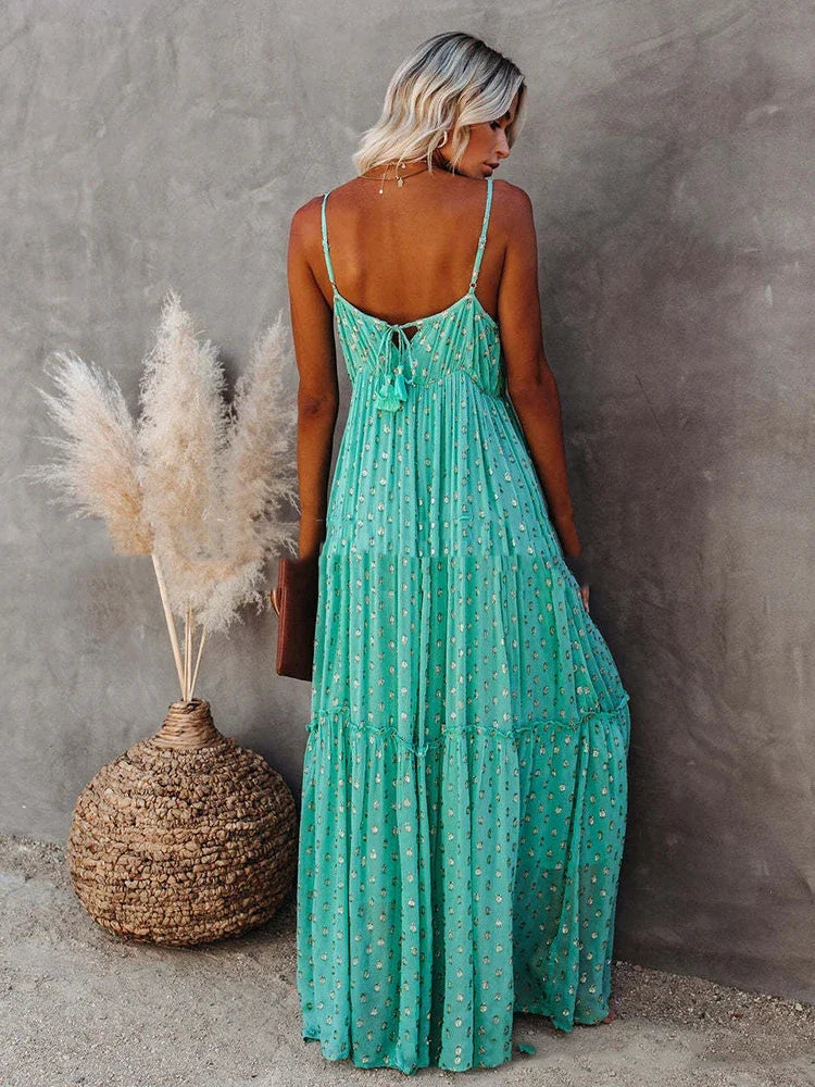 Boho Chic grünes langes Sommerkleid
