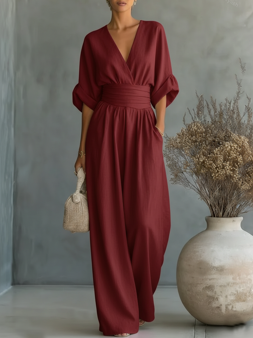 Eleganter V-Ausschnitt Jumpsuit mit hoher Taille und lockerem Sitz für Damen