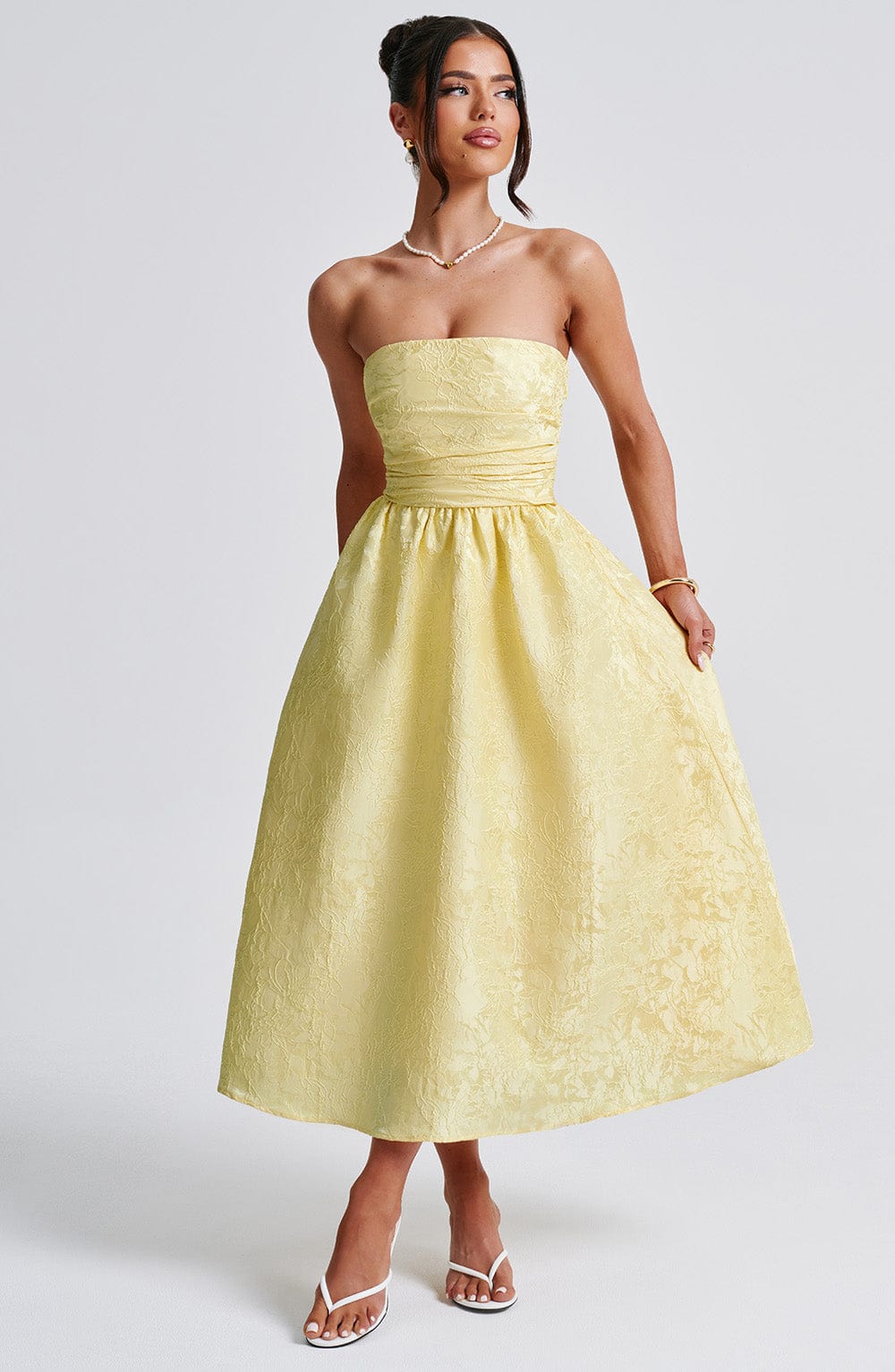 Floral Jacquard Trägerloses Midi-Kleid Zitrone