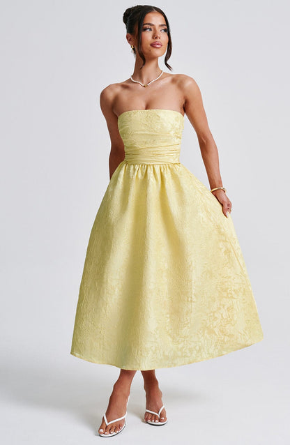 Floral Jacquard Trägerloses Midi-Kleid Zitrone