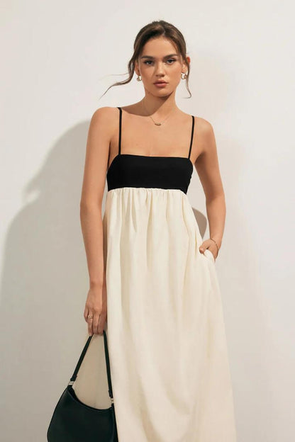 Leinenmischung Lässiges Midi-Kleid Schwarz und Weiß