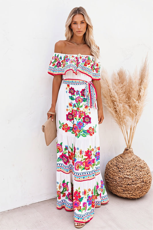 Damen Maxikleid schulterfrei mit Volants und Blumenprint in voller Ansicht
