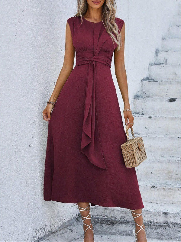 Damen Midikleid Mit Drapierter Taille Und Bindegürtel