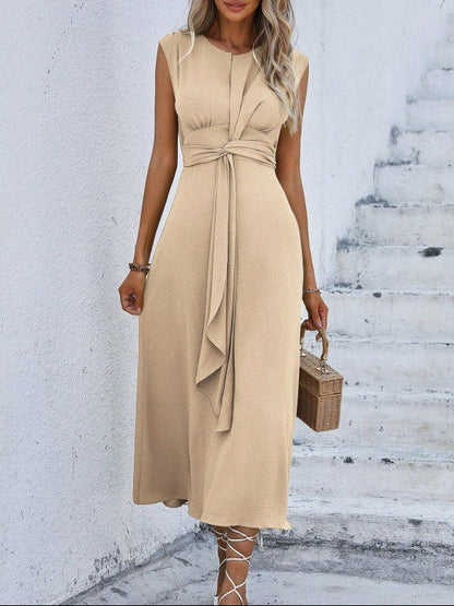 Damen Midikleid Mit Drapierter Taille Und Bindegürtel