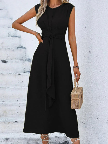 Damen Midikleid Mit Drapierter Taille Und Bindegürtel