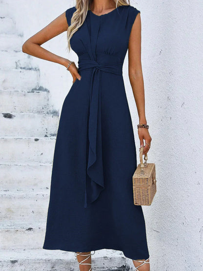 Damen Midikleid Mit Drapierter Taille Und Bindegürtel
