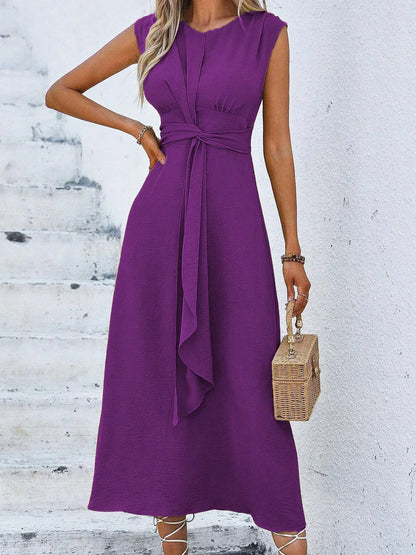 Damen Midikleid Mit Drapierter Taille Und Bindegürtel