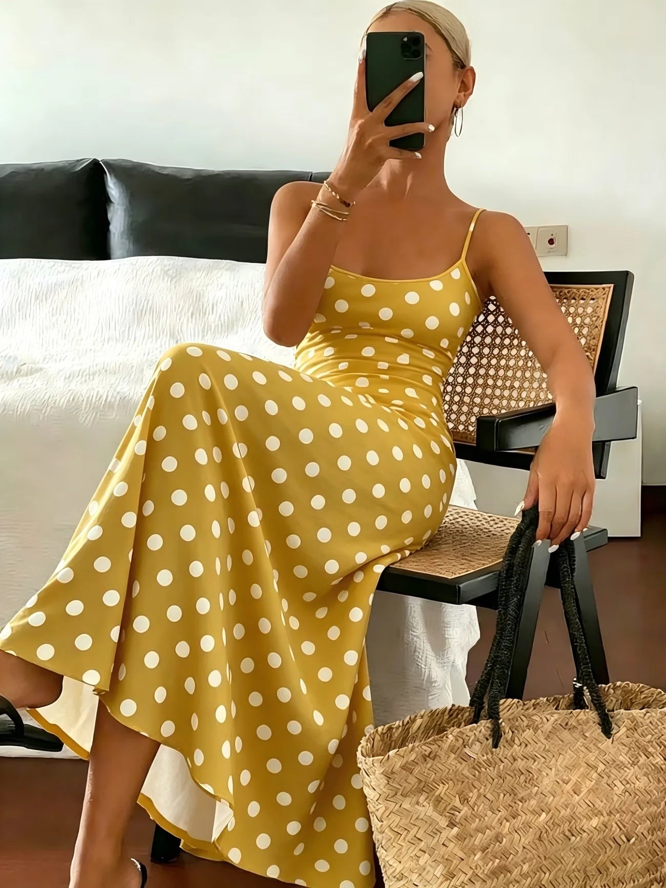 Ärmelloses eng anliegendes Midikleid aus Polyester mit Polka-Dots für Damen
