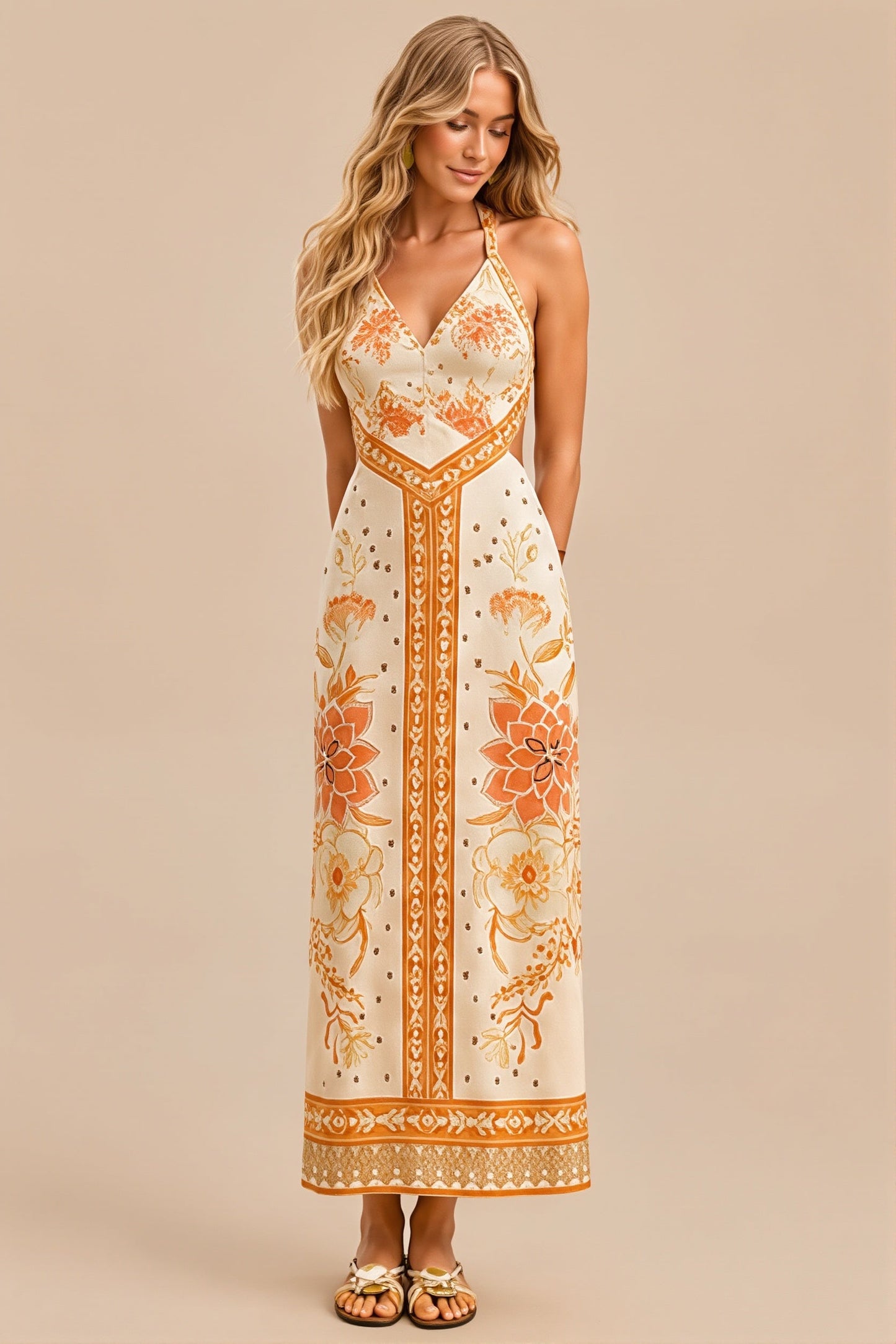 Boho-Midikleid mit Blumenprint und Neckholder, Rückansicht