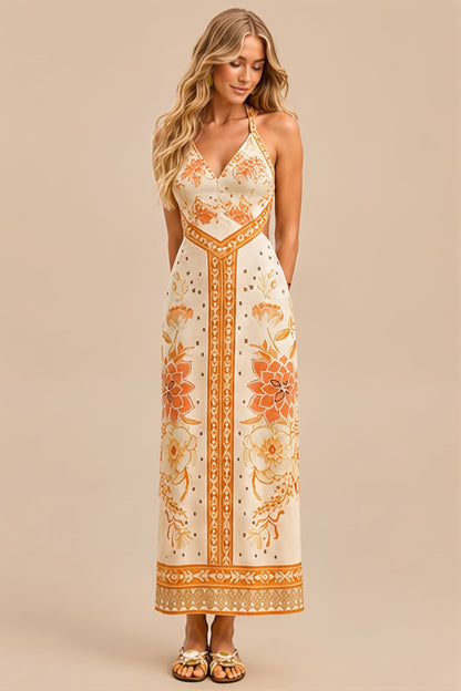 Boho-Midikleid mit Blumenprint und Neckholder, Rückansicht
