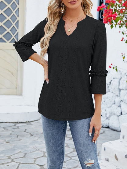 Damen T Shirt Jacquard Mit V Ausschnitt Und 3 4 Ärmeln