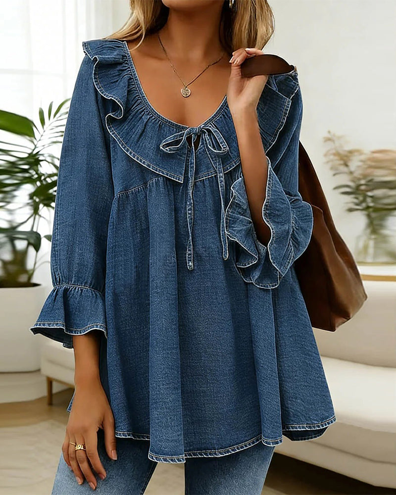 Bluse mit Rüschendetail im Denim-Look Blau